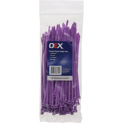 OEX Purple Nylon Cable Ties - 4.8mm x 200mm - 100 Pc - ACX1465 Car Wiring