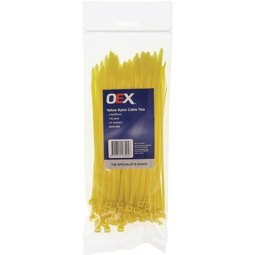 OEX Yellow Nylon Cable Ties - 4.8mm x 200mm - 100 Pc - ACX1460 Car Wiring