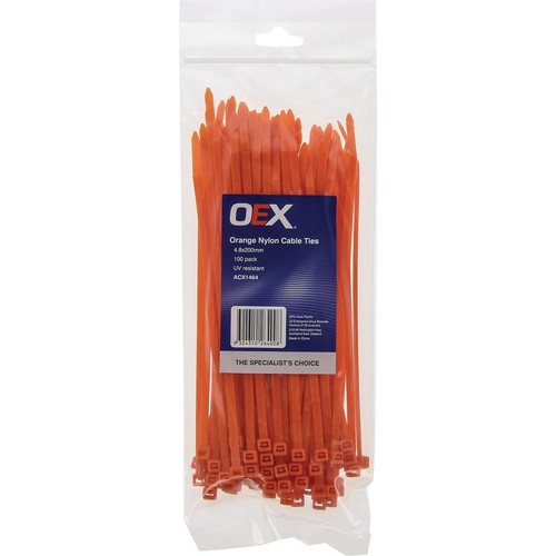 OEX Orange Nylon Cable Ties - 4.8mm x 200mm - 100 Pc - ACX1464 Car Wiring