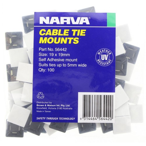 Narva Cable Tie Mounts 19mm x 19mm - 100Pc - 56442 Car Wiring Adapter 4WD