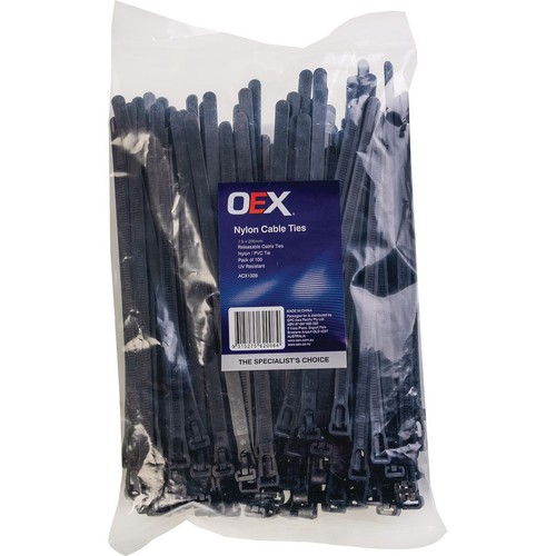 OEX Black Nylon Cable Ties - 7.6mm x 200mm, Releasable - 100 Pc - ACX1328