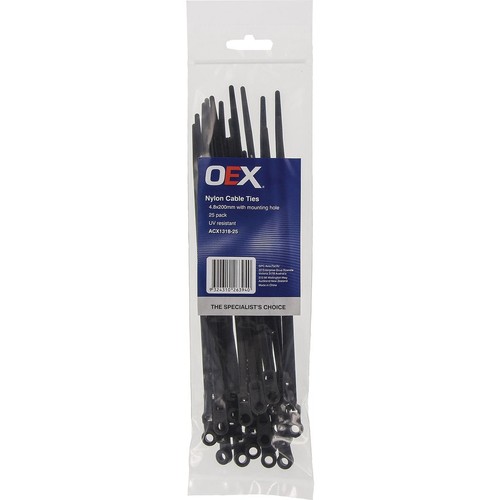 OEX Black Nylon Cable Ties - 4.8mm x 200mm, with Mounting Hole - Pack of 25 - AC