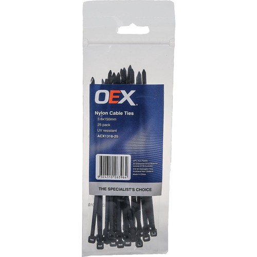 OEX Black Nylon Cable Ties - 3.6mm x 150mm - 25 Pc - ACX1316-25 Car Wiring