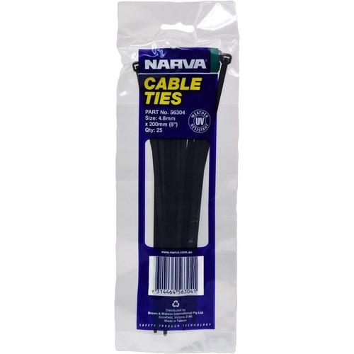 Narva Nylon Cable Ties 4.8mm x 200mm 25 Pc - 56304 Car Wiring Adapter Auto Part