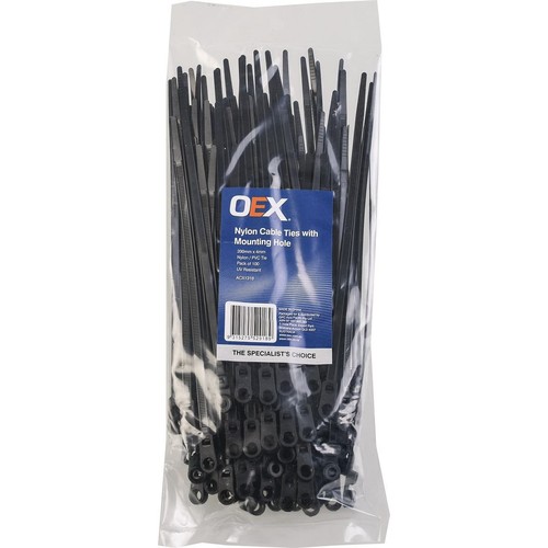 OEX Black Nylon Cable Ties - 4.8mm x 200mm, with Mounting Hole - 100 Pc - ACX131
