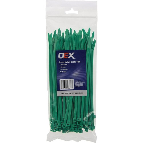 OEX Green Nylon Cable Ties - 4.8mm x 200mm - 100 Pc - ACX1463 Car Wiring Adapter
