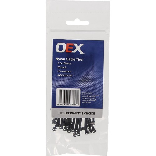 OEX Black Nylon Cable Ties - 2.5mm x 100mm - 25 Pc - ACX1315-25 Car Wiring