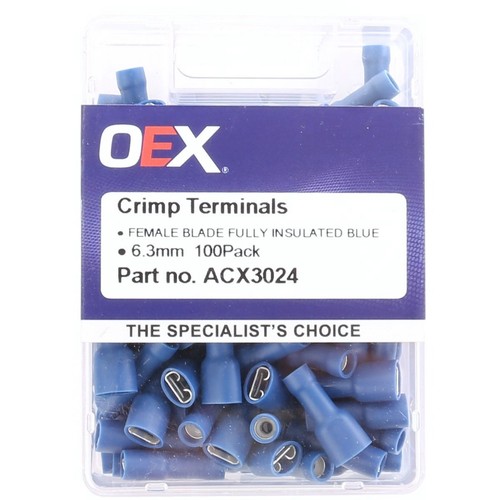 OEX Crimp Terminal Female Blade Blue Terminal Entry 6.3 x 0.8mm Vinyl 100 Pce -