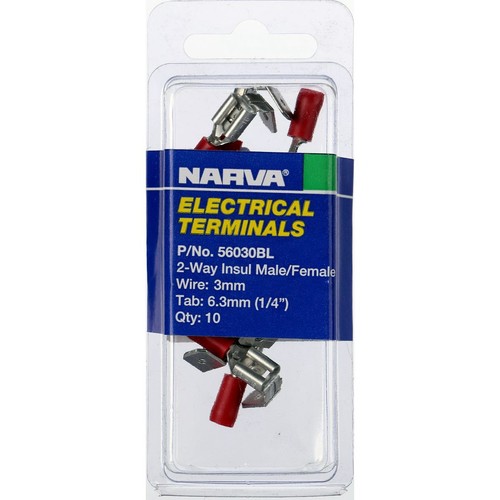 Narva Crimp Terminal 2 Way Male/Female Blade Red Insulated 6.3mm - 10 Pce - 5603
