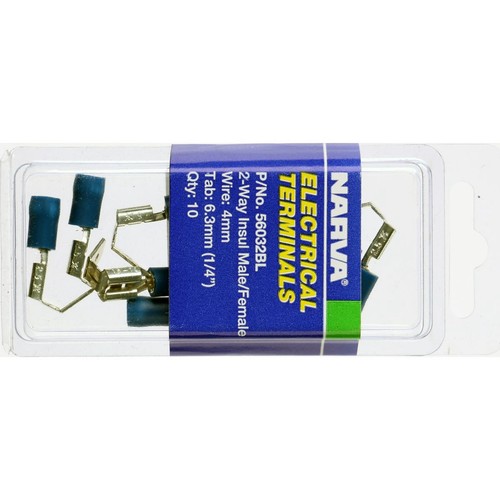 Narva Crimp Terminal 2 Way Male/Female Blade Blue Insulated 6.3mm - 10 Pce - 560