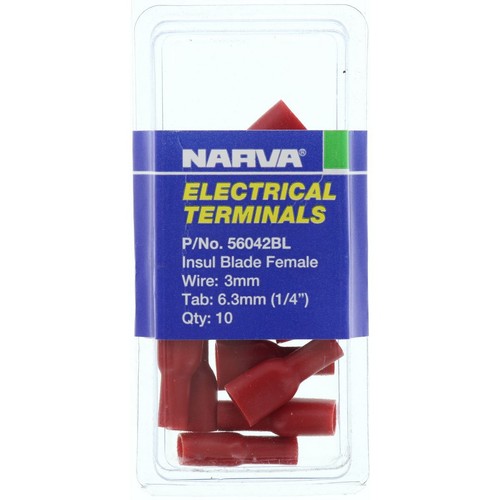Narva Crimp Terminal Female Blade Red Insulated 6.3mm - 10 Pce - 56042BL Adapter