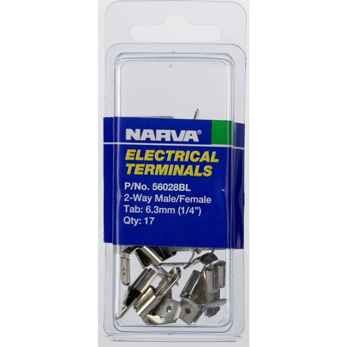 Narva Crimp Terminal 2 Way Male/Female Blade Connector Non Insulated 6.3mm 17Pk