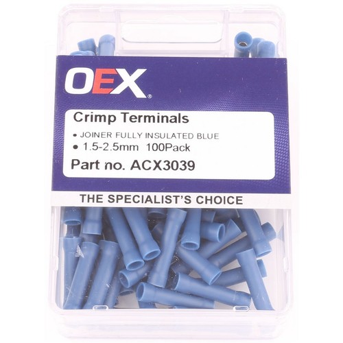 OEX Crimp Terminal Joiner Blue Cable Size 4mm Vinyl 100 Pce - ACX3039 Car Wiring