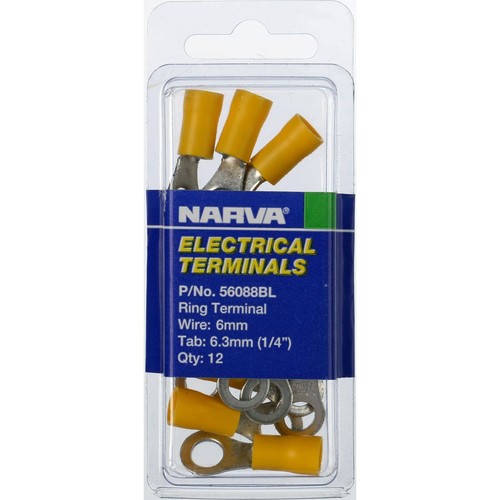 Narva Crimp Terminal Ring Yellow Insulated 6.3mm - 12 Pce - 56088BL Car Wiring