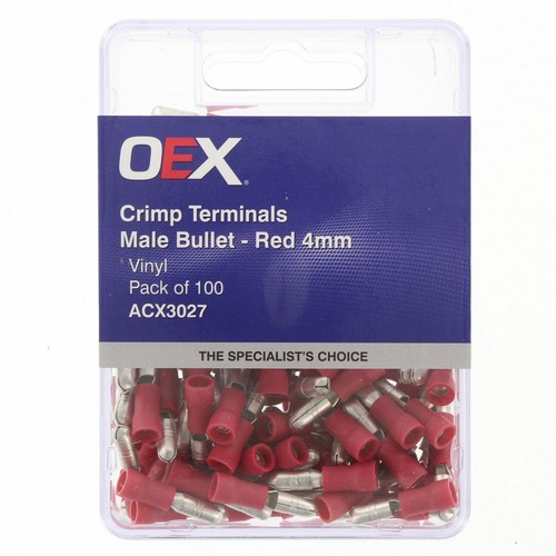 OEX Crimp Terminal Male Bullet Red Terminal Size 4mm Vinyl 100 Pce - ACX3027