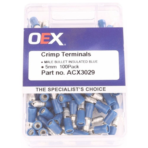 OEX Crimp Terminal Male Bullet Blue Terminal Size 5mm Vinyl 100 Pce - ACX3029