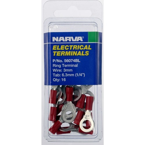 Narva Crimp Terminal Ring Red Insulated 6.3mm - 16 Pce - 56074BL Car Wiring