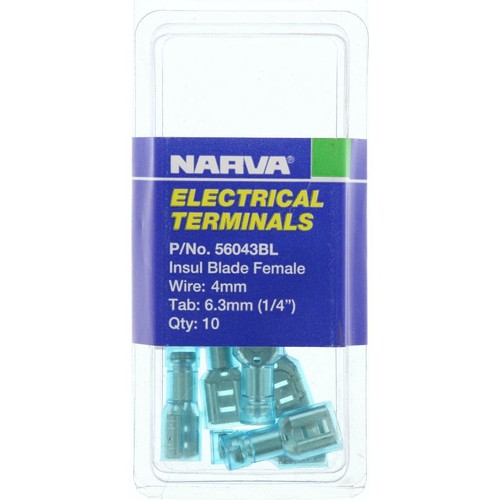 Narva Crimp Terminal Female Blade Blue Terminal Entry 6.3mm Poly Carbonate 10 Pc