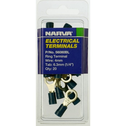 Narva Crimp Terminal Ring Blue Insulated 6.3mm - 20 Pce - 56080BL Car Wiring