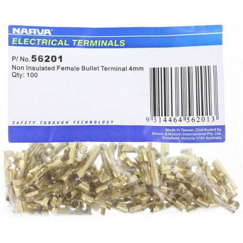 Narva Crimp Terminal Female Bullet Brass Terminal Entry 4mm 100 Pce - 56201
