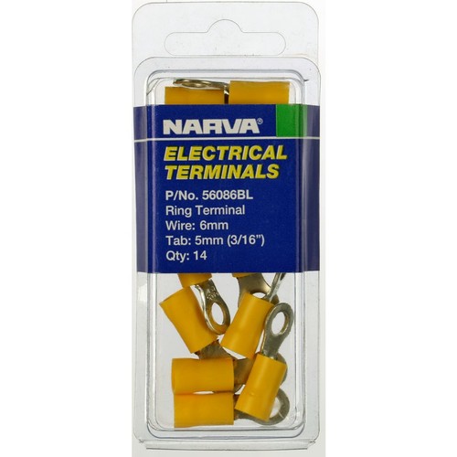 Narva Crimp Terminal Ring Yellow Insulated 5mm - 14 Pce - 56086BL Car Wiring