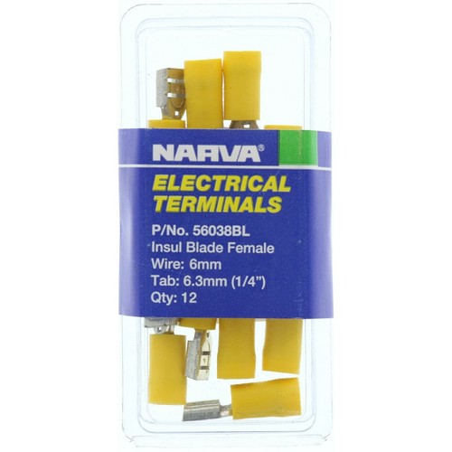 Narva Crimp Terminal Female Blade Yellow Insulated 6.3mm - 12 Pce - 56038BL