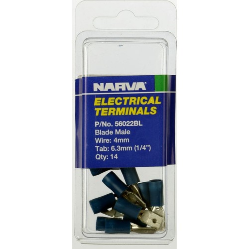 Narva Crimp Terminal Male Blade Blue Insulated 6.3mm - 14 Pce - 56022BL Adapter