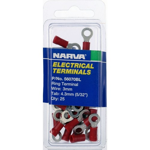 Narva Crimp Terminal Ring Red Insulated 4.3mm - 25 Pce - 56070BL Car Wiring