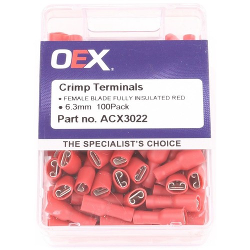 OEX Crimp Terminal Female Blade Red Terminal Entry 6.3 x 0.8mm Vinyl 100 Pce - A