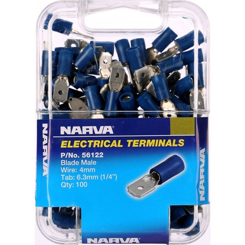 Narva Crimp Terminal Male Blade Blue Terminal Entry 6.3 x 0.8mm Vinyl 100 Pce -