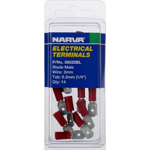Narva Crimp Terminal Male Blade Red Insulated 6.3mm - 14 Pce - 56020BL Adapter