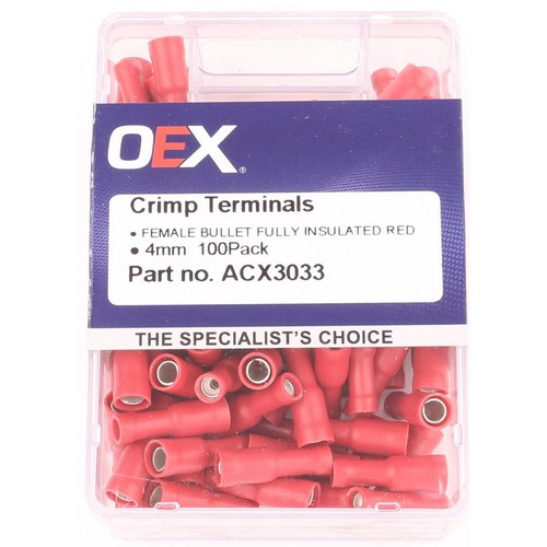 OEX Crimp Terminal Female Bullet Red Terminal Size 4mm Vinyl 100 Pce - ACX3033