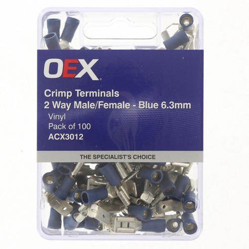 OEX Crimp Terminal 2-way Male/Female Blue Terminal Entry 6.3 x 0.8mm Vinyl 100 P