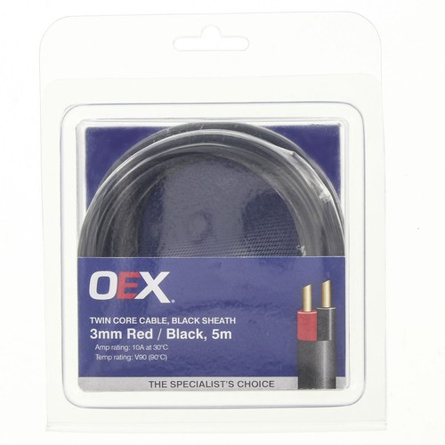 OEX 3mm Twin Core Automotive Cable, Red / Black, With Black Sheath - 5m Blister