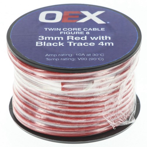 OEX 3mm Twin Core Automotive Cable, Figure 8, Red With Black Trace- 4m Roll - AC
