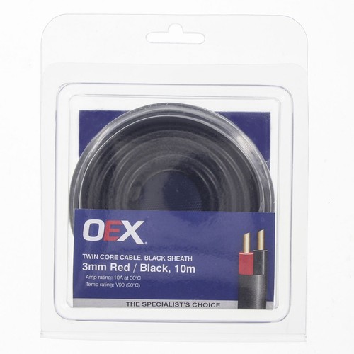 OEX 3mm Twin Core Automotive Cable, Red / Black, With Black Sheath - 10m Blister