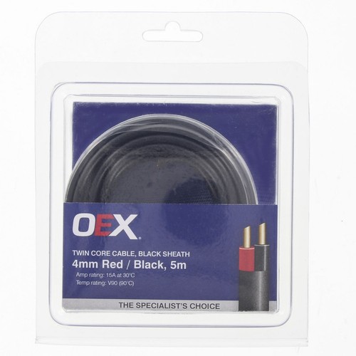OEX 4mm Twin Core Automotive Cable, Red/Black. With Black Sheath - 5m Blister Pa