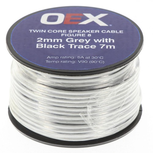 OEX 2mm Twin Core Speaker Cable, Figure 8, Grey with Black Trace - 7m Roll - ACX