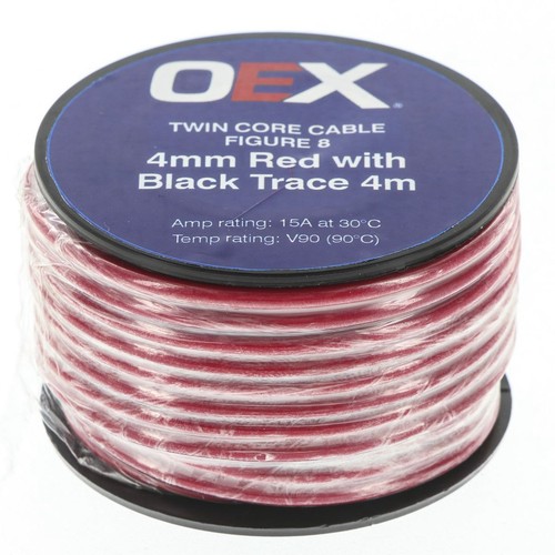 OEX 4mm Twin Core Automotive Cable, Figure 8, Red With Black Trace - 4m Roll - A
