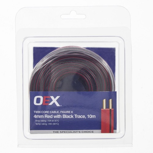 OEX 4mm Twin Core Automotive Cable, Figure 8, Red With Black Trace - 10m Blister