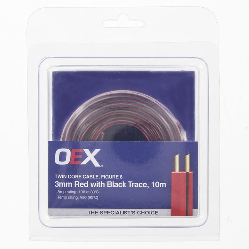 OEX 3mm Twin Core Automotive Cable, Figure 8, Red With Black Trace - 10m Blister