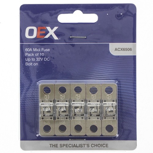 OEX Midi Fuse, 60A Bolt On - Pack of 10 - ACX6506 Car Wiring Adapter