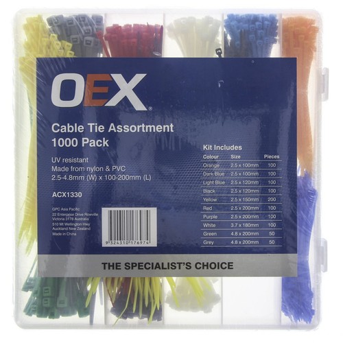 OEX Coloured Cable Tie Assortment - 1000 Pc - ACX1330 Car Wiring Adapter