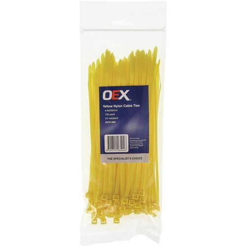 OEX Yellow Nylon Cable Ties - 4.8mm x 200mm - 100 Pc - ACX1460 Car Wiring
