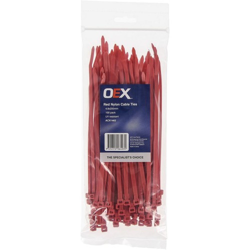 OEX Red Nylon Cable Ties - 4.8mm x 200mm - 100 Pc - ACX1462 Car Wiring Adapter
