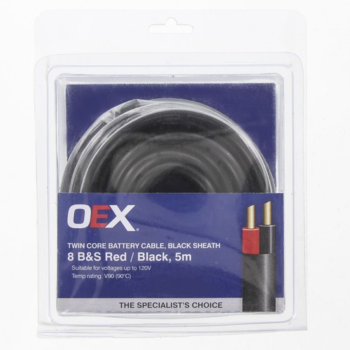 OEX 8 B&S Twin Core Battery Cable, Red / Black With Black Sheath - 5m Blister Pa