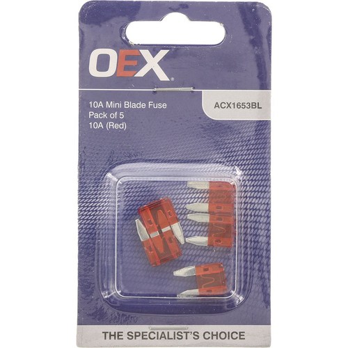 OEX Mini Blade Fuse, 10A Red - Pack of 5 - ACX1653BL Car Wiring Adapter