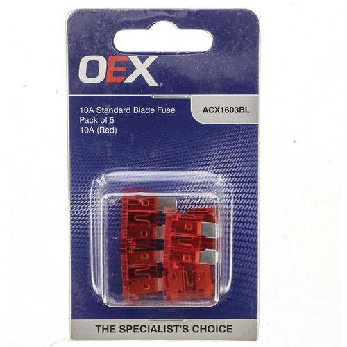 OEX Standard Blade Fuse, 10A Red - Pack of 5 - ACX1603BL Car Wiring Adapter