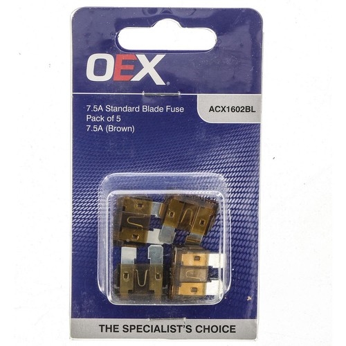 OEX Standard Blade Fuse, 7.5A Brown - Pack of 5 - ACX1602BL Car Wiring Adapter