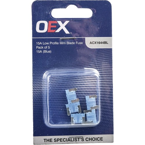 OEX Low Profile Mini Blade Fuse, 15A Blue - Pack of 5 - ACX1644BL Car Wiring